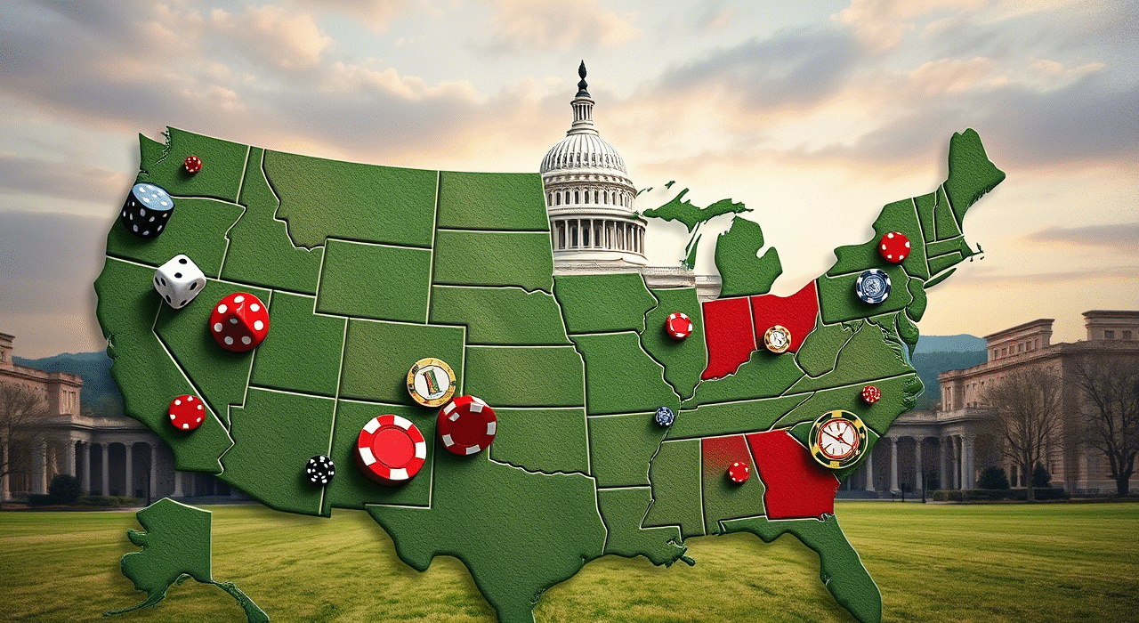 U.S. map showing gambling law disparities with Capitol and betting symbols, illustrating regulatory fragmentation.