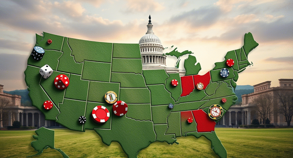 U.S. map showing gambling law disparities with Capitol and betting symbols, illustrating regulatory fragmentation.