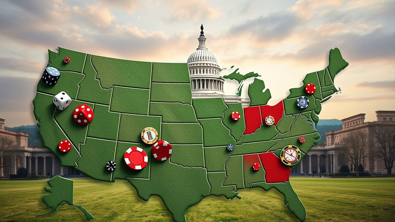 U.S. map showing gambling law disparities with Capitol and betting symbols, illustrating regulatory fragmentation.