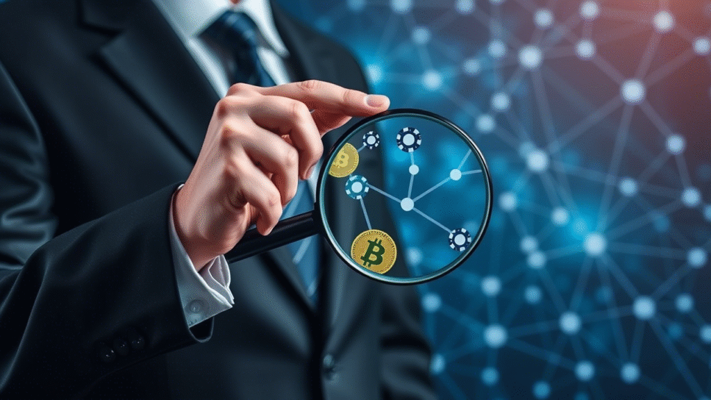 Regulator reviewing documents with crypto casino icons, illustrating confusion over crypto gambling rules.