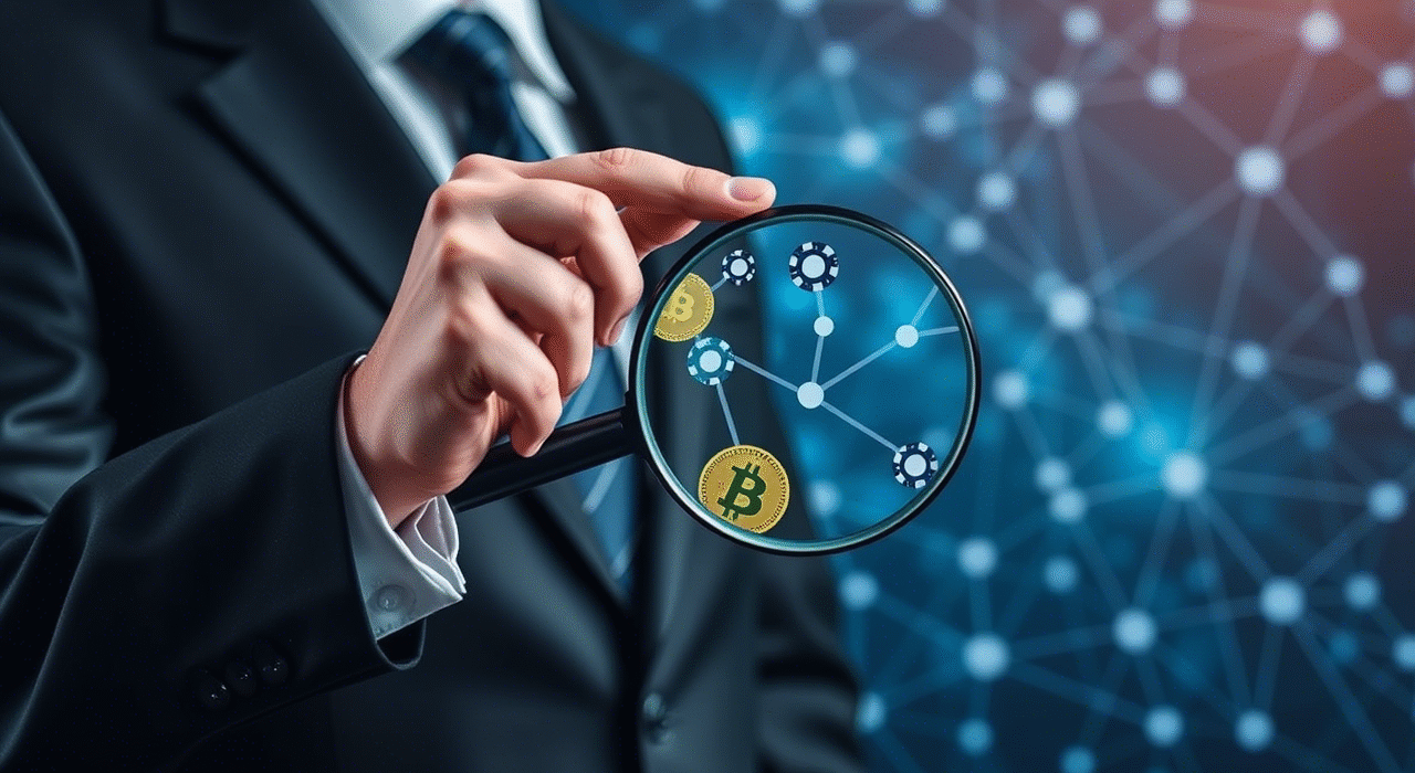 Regulator reviewing documents with crypto casino icons, illustrating confusion over crypto gambling rules.