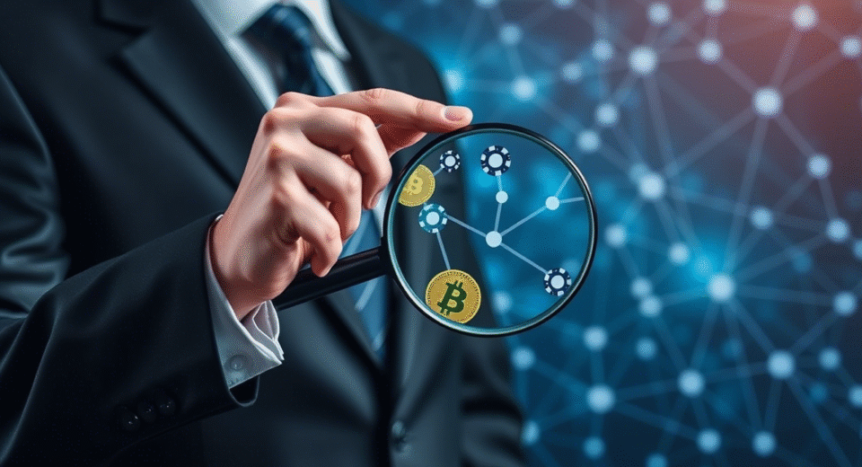 Regulator reviewing documents with crypto casino icons, illustrating confusion over crypto gambling rules.