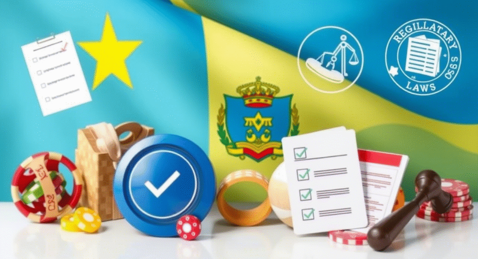 Curaçao flag with casino and compliance symbols, representing regulatory reform in offshore gambling.