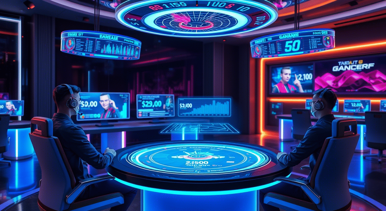Futuristic live dealer casino with holograms and VR headsets, showing the evolution of interactive gambling.