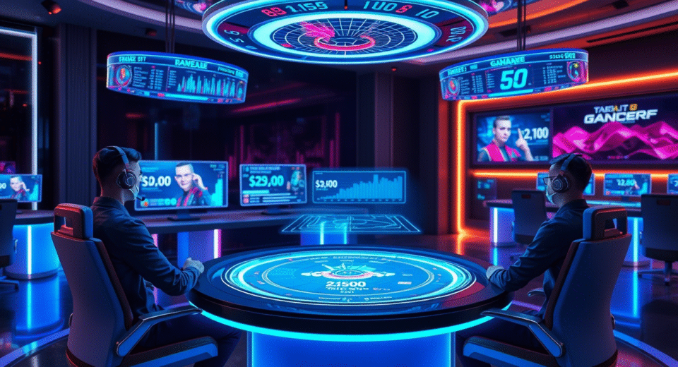 Futuristic live dealer casino with holograms and VR headsets, showing the evolution of interactive gambling.