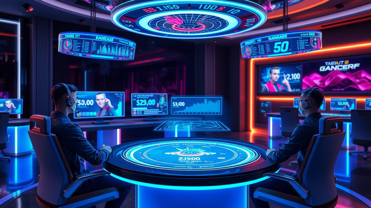 Futuristic live dealer casino with holograms and VR headsets, showing the evolution of interactive gambling.