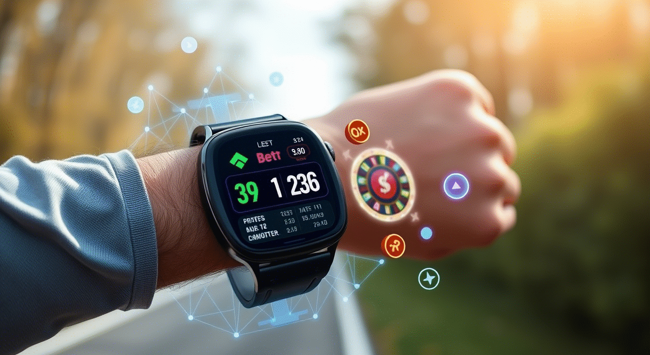 Smartwatch displaying betting interface and biometric stats during a live game.