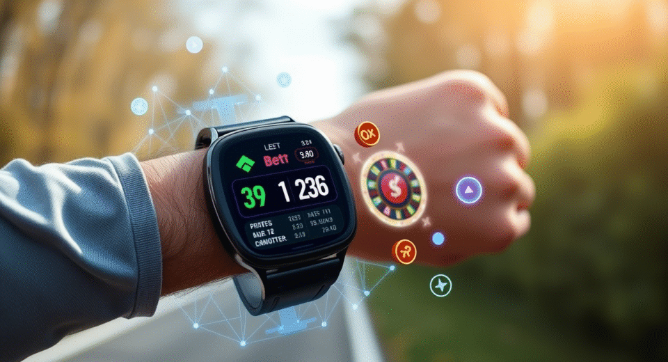 Smartwatch displaying betting interface and biometric stats during a live game.