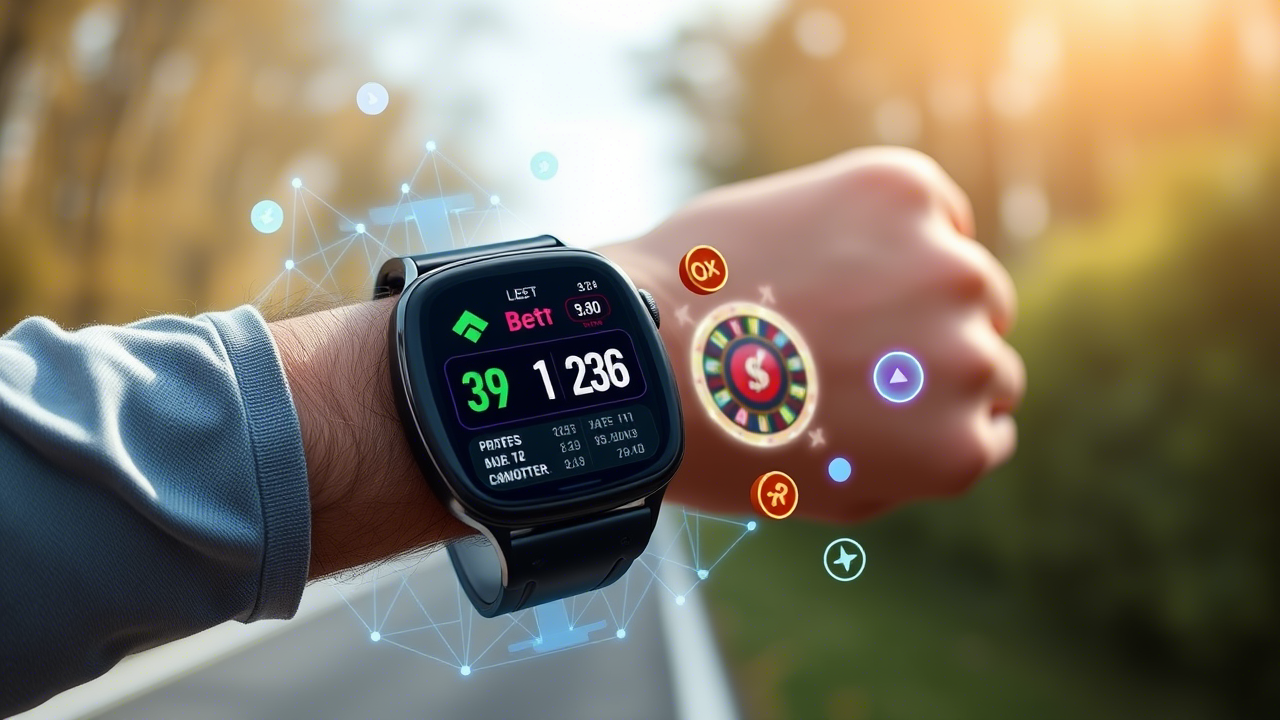 Smartwatch displaying betting interface and biometric stats during a live game.