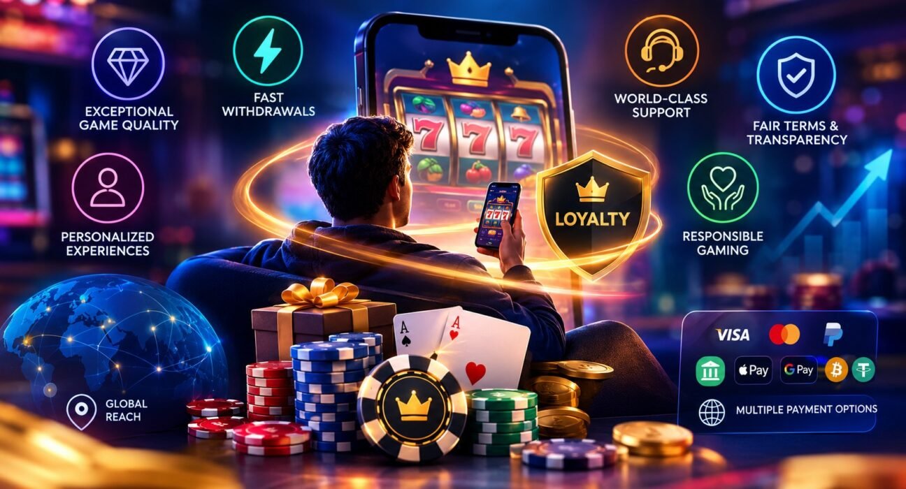 iGaming player retention strategies featuring casino loyalty rewards, fast withdrawals, personalized experiences, and multiple payment options.