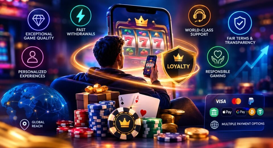 iGaming player retention strategies featuring casino loyalty rewards, fast withdrawals, personalized experiences, and multiple payment options.
