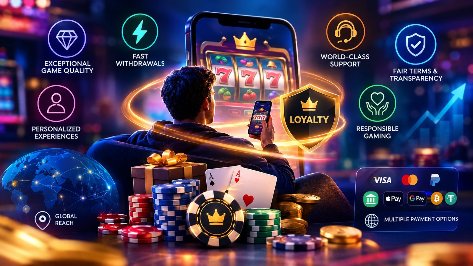 iGaming player retention strategies featuring casino loyalty rewards, fast withdrawals, personalized experiences, and multiple payment options.